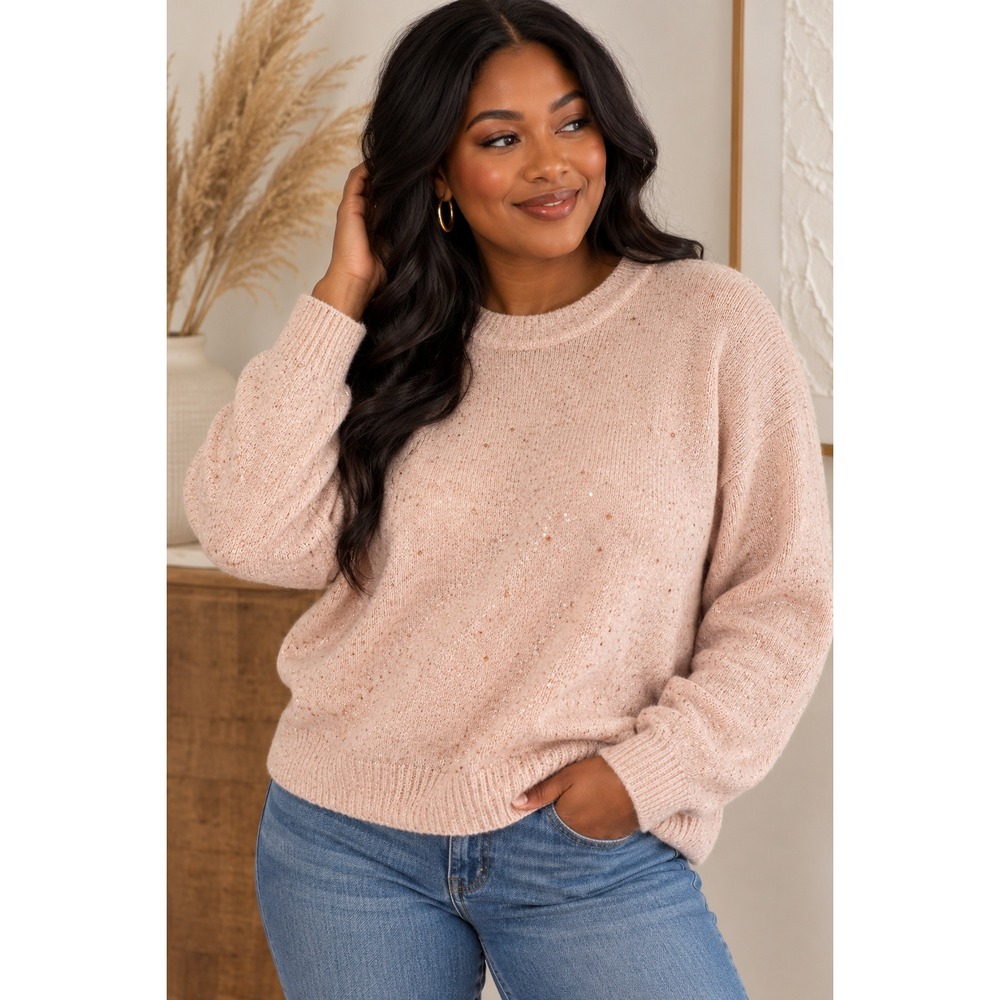 H&M Blush Pink Sequin Sparkle Crewneck Knit Sweater Women's M Soft Cozy Pullover